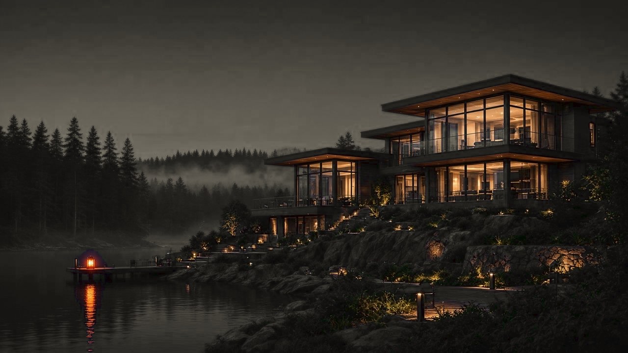 Night suburban property with a warm interior light on a cool perimeter