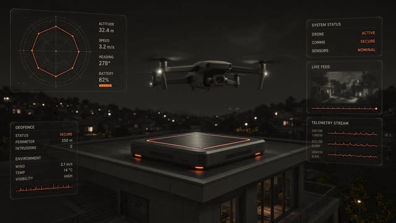 Night Verify product stage: Protector drone hovering above a rooftop dock with operator telemetry